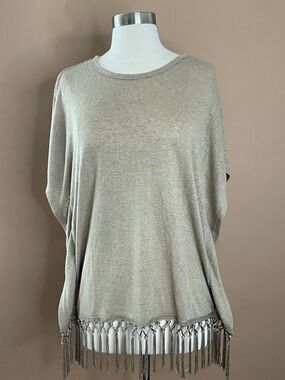 Esperanza Tan Fringe Hem Boho Top M Lightweight Knit Festival